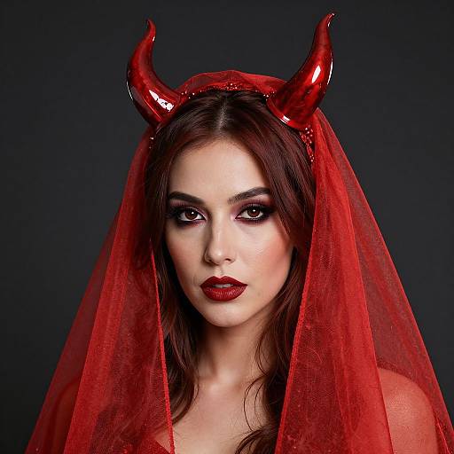 Photograph of a pale-skinned woman with dark red lipstick, wearing red devil horns, a red veil, and red eyeshadow, against a