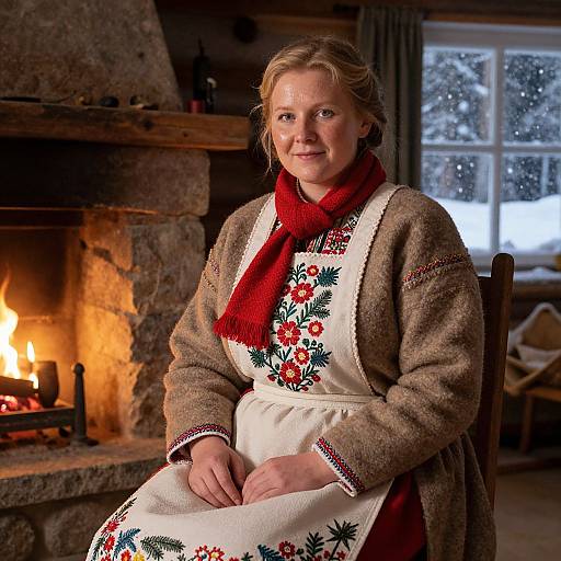 Photograph of a smiling blonde woman in a brown wool coat, white apron with red floral embroidery, red scarf, sitting by a cozy stone fireplace