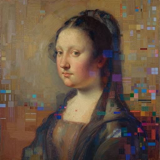 Digital art of a 17th-century-style portrait with pixelated, multicolored background. Young woman with fair skin, dark hair, soft expression