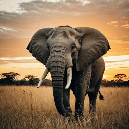 Elephant in African Savanna at Sunset