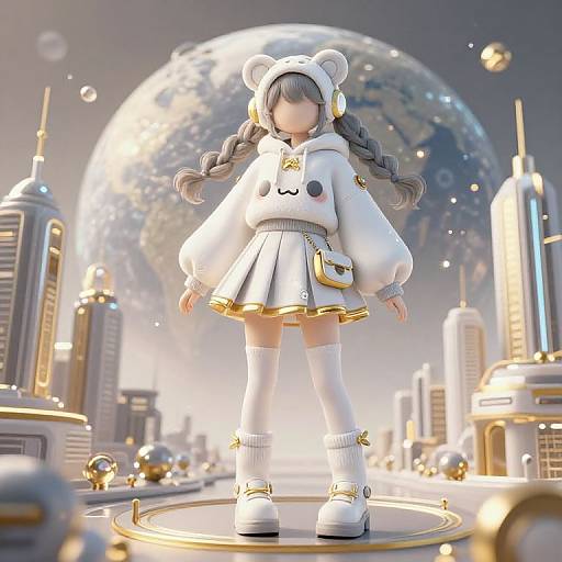 Kawaii Futuristic Girl in White and Gold Outfit