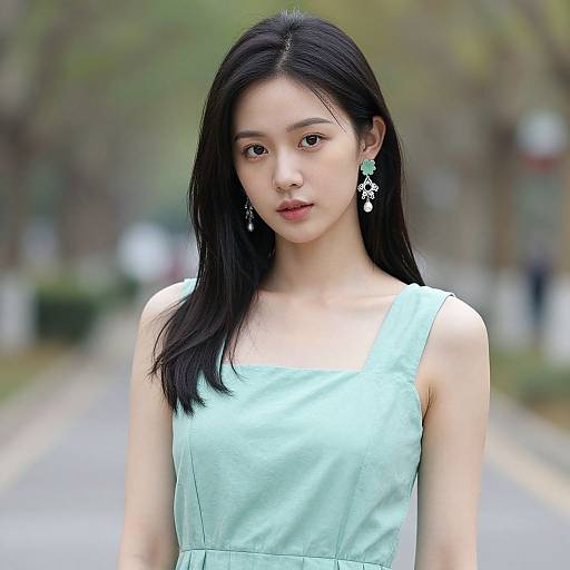 Realistic Portrait of Woman in Jade Dress