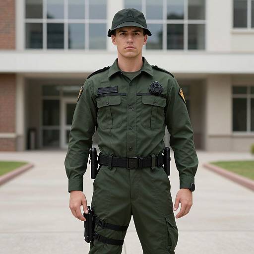 Photograph of a serious male police officer in dark green uniform and black cap standing in front of a modern building.