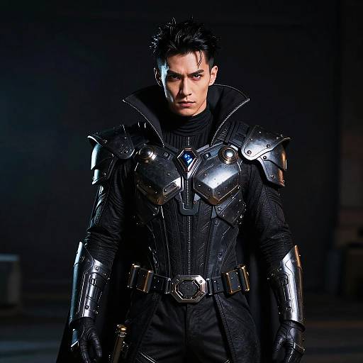 Photograph of a serious-looking man with dark hair, wearing shiny black medieval-style armor with high collars, black turtleneck, and gloves,