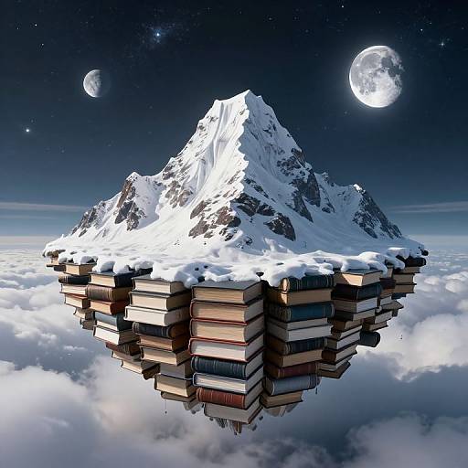 Floating island of stacked books with snow-capped mountain, under a starry night sky with full moons, surrounded by clouds. Digital art.