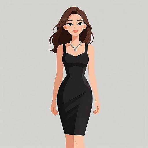 Digital illustration of a smiling woman with long brown hair, wearing a black sleeveless dress, silver necklace, standing against a white background.