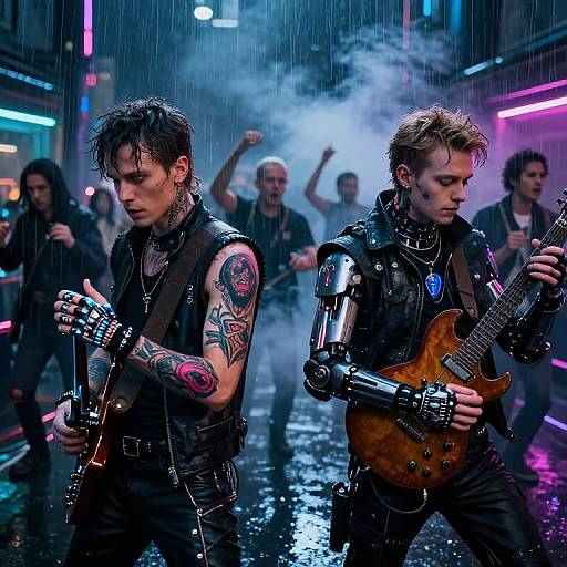 Photorealistic digital art of a rainy concert, two tattooed, leather-clad guitarists with cybernetic arms, foggy background, enthusiastic