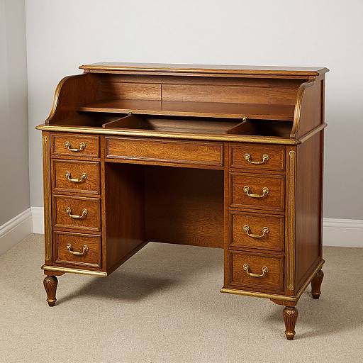 Photograph of a vintage wooden writing desk with six drawers, brass handles, curved top, and raised lid, standing on four legs.