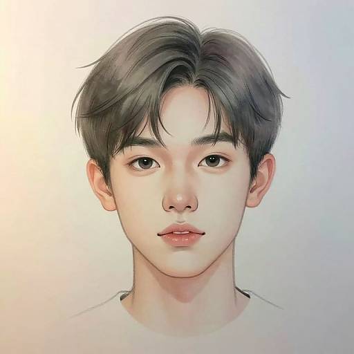 Digital portrait of a young Asian man with short, dark brown hair, fair skin, and soft brown eyes, wearing a white shirt, against a gradient