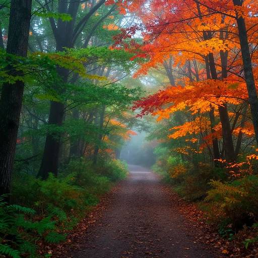 Photograph of a misty, forest path lined with tall trees, showcasing vibrant autumn leaves in green, orange, and red hues.