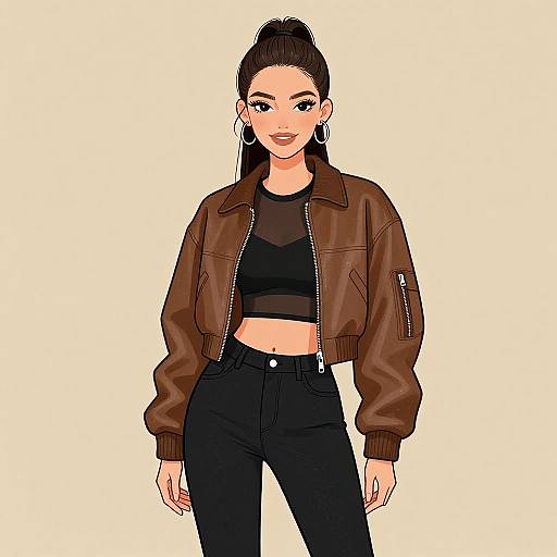 Digital drawing of a confident woman with dark hair in a high ponytail, wearing a brown bomber jacket, black crop top, and high-waisted