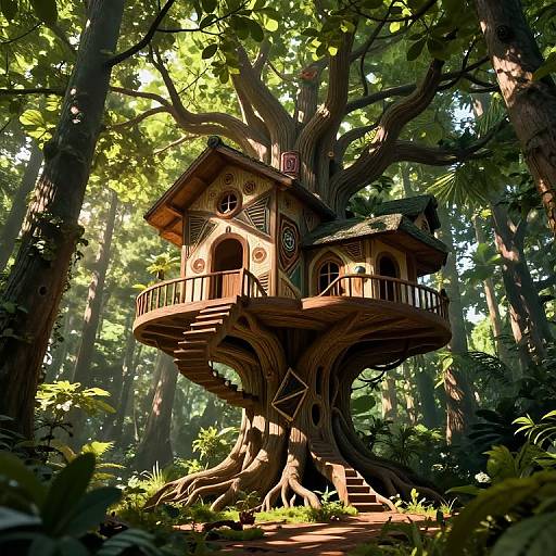 Whimsical, treehouse-style cabin nestled high in a sunlit, lush forest, with winding stairs, wooden balcony, and intricate carvings