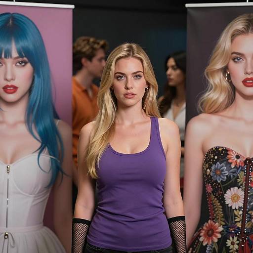 Blonde Woman Standing Between Two Fashion Posters
