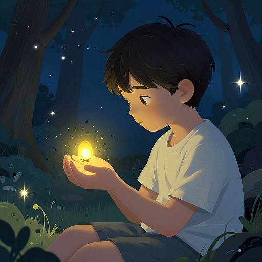 Digital illustration of a young boy with short black hair, wearing a white shirt, sitting in a dark forest, gently holding a glowing firefly.