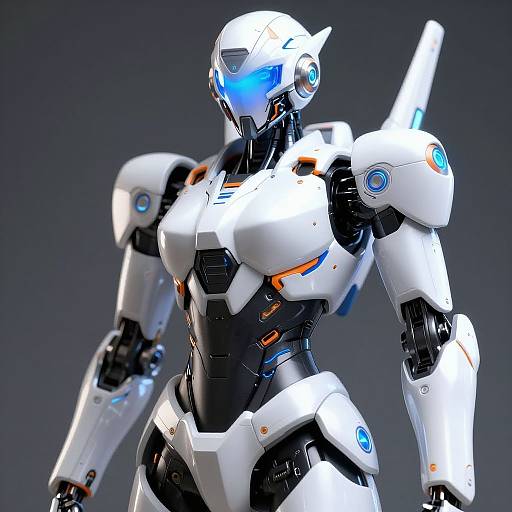 Photorealistic CGI of a white and black futuristic mecha soldier with blue glowing eyes, orange accents, and a sleek, armored design.