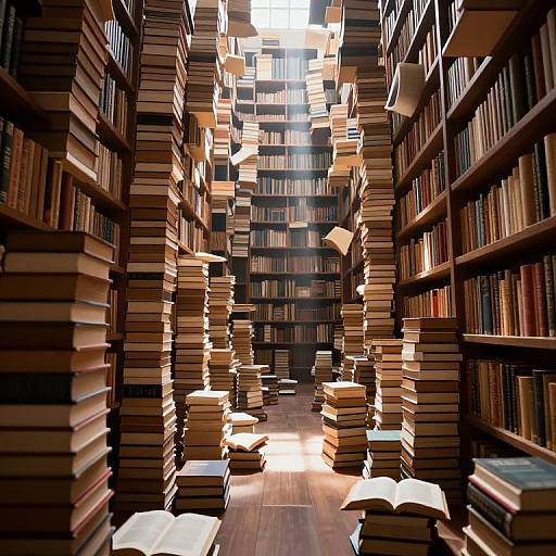 Photograph of a sunlit library aisle with tall wooden bookshelves filled with stacked books, creating a maze-like effect. Light filters through gaps,