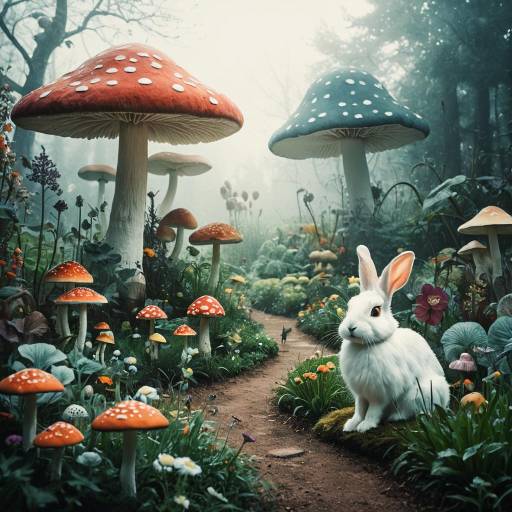 Whimsical Garden with Oversized Mushrooms and Rabbit
