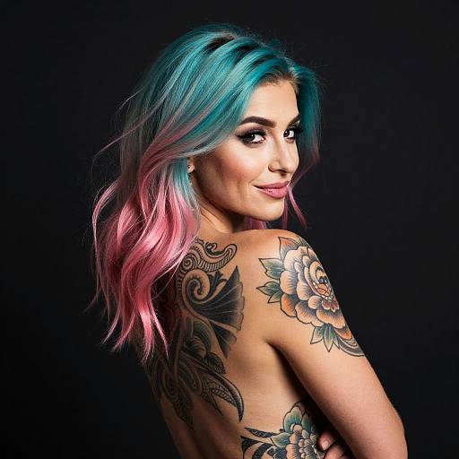Woman with Turquoise Pink Hair and Tattoo