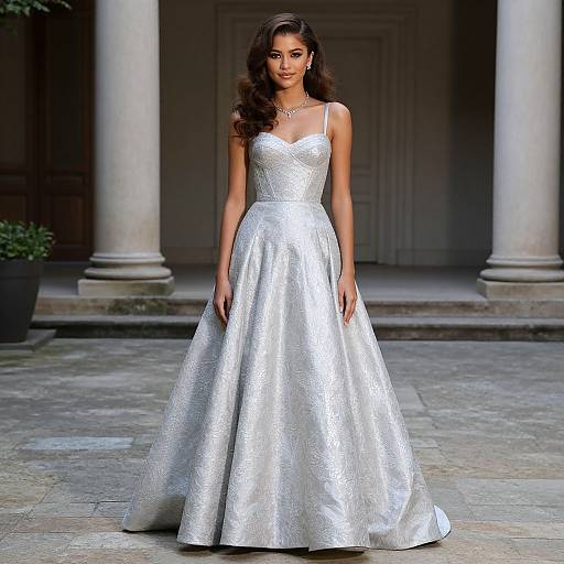 Photograph of a woman with long, wavy dark hair, wearing a shimmering, silver strapless ball gown, standing in front of classical columns