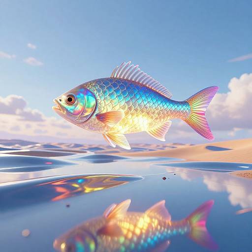 Iridescent Fish Soaring in Surreal Desert