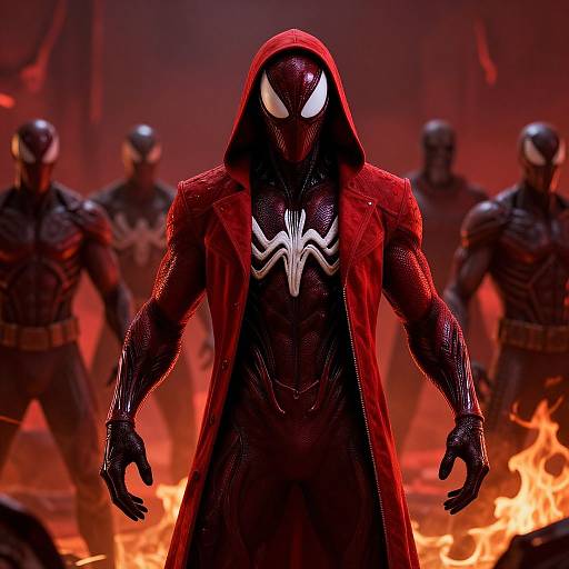 Digital artwork of Venom in a red hooded coat, black suit, and white spider emblem, standing amid flames with four Venom copies in the background.