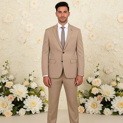 Photograph of a handsome, bearded man in a beige suit, white shirt, and patterned tie, standing against a floral wall backdrop.