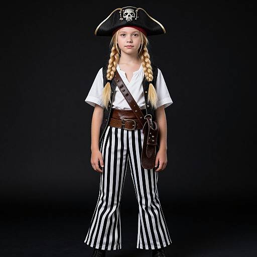 Photograph of a young blonde girl with braided hair, wearing a pirate hat, white shirt, brown belt, and black-and-white striped pants,