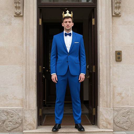 Photograph of a young man in a royal blue suit, black bow tie, white shirt, black shoes, and a gold crown, standing in a
