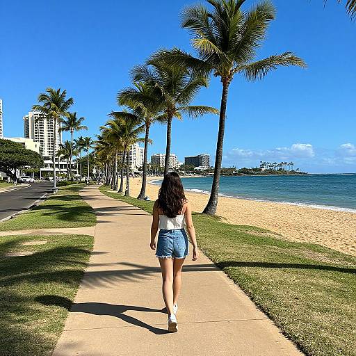 Photograph of a woman with long dark hair in a white top and denim shorts walking on a beachside path, flanked by palm trees, with