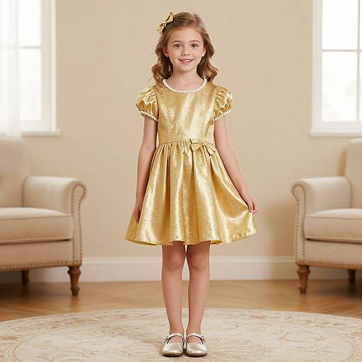Photograph of a young girl with light brown hair in a yellow, short-sleeved, A-line dress, standing in a bright, beige room