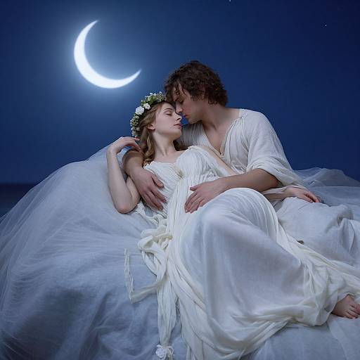 Photograph: Moonlit couple in white, flowing robes and flower crowns, lying intimately on a bed, with a crescent moon in the night
