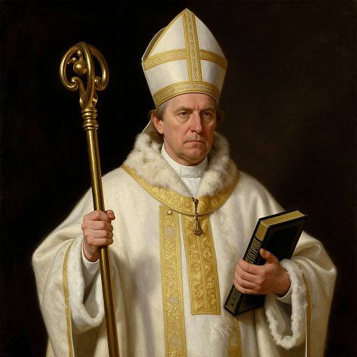 Photograph of a middle-aged Catholic bishop with fair skin, wearing an ornate white and gold robe, mitre, holding a staff, and book