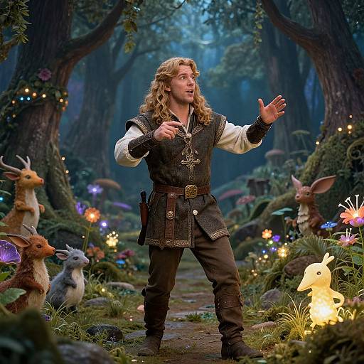 Photograph of a long-haired, blonde man in medieval armor casting a spell in a magical forest, surrounded by glowing mushrooms, enchanted rabbits, and fairy