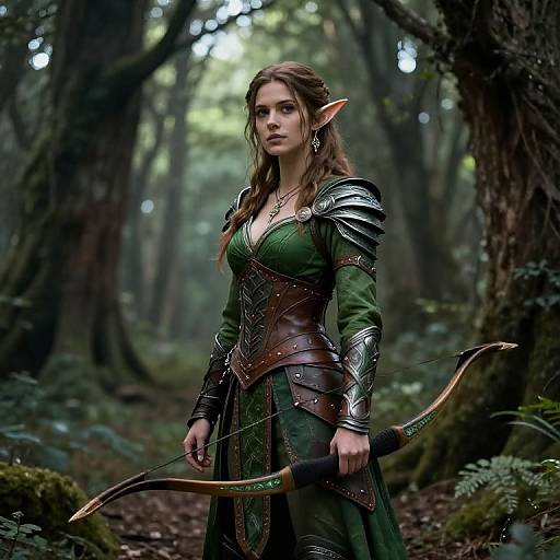 Photorealistic digital artwork of an elf woman with pointed ears, green dress, and silver armor, holding a bow in a dense forest.