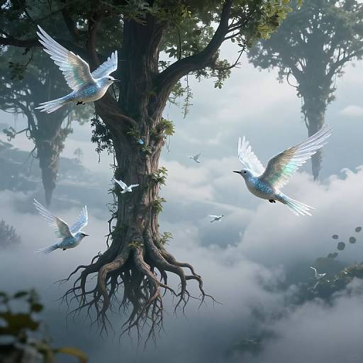 Digital artwork: ethereal white birds with iridescent wings flutter around a gnarled tree with exposed roots in a misty, forested background