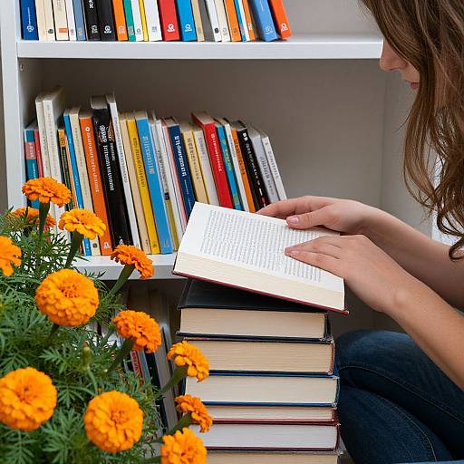 Photograph of a woman with brown hair reading a book, surrounded by colorful bookshelves and vibrant orange marigold flowers.