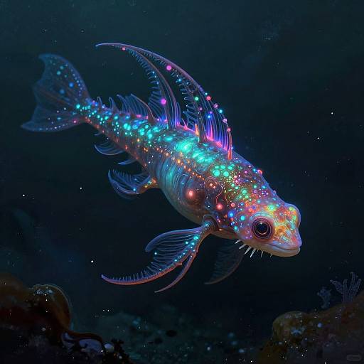 Photograph of a bioluminescent fish in dark underwater, glowing with vibrant blue, green, and pink lights on its body and fins.