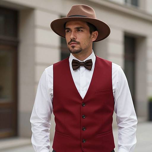 Photograph of a handsome man with olive skin, dark mustache, wearing a brown fedora, white shirt, burgundy vest, and black bow