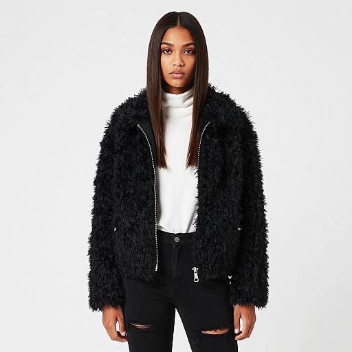 Photograph of a young Black woman with long straight hair, wearing a black fuzzy jacket, white turtleneck, and black ripped jeans, standing against