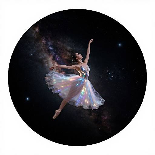 Digital artwork of a ballet dancer in a sparkling, iridescent dress floating in space, arms gracefully raised, surrounded by stars and galaxy. Circular frame