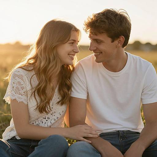Photograph of a smiling couple sitting close, sunlight behind them, woman in white lace top, man in white t-shirt, both holding hands.