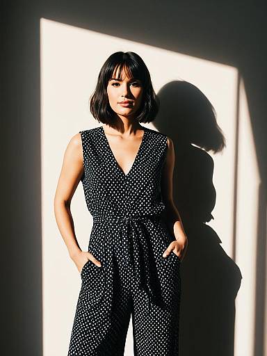 Woman in Geometric Dot Print Jumpsuit