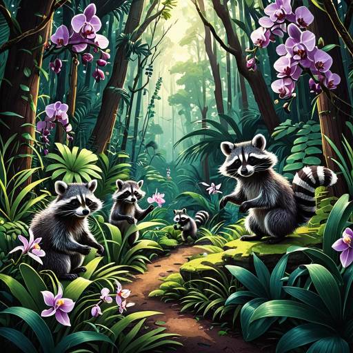 Vibrant Cartoon Forest with Raccoons and Orchids