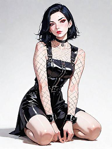 Realistic Woman in Leather Pinafore Dress