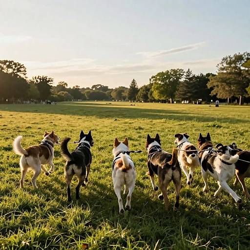 Photograph of six small, mixed-breed dogs with black, white, and brown fur standing in a sunlit, grassy park field, facing