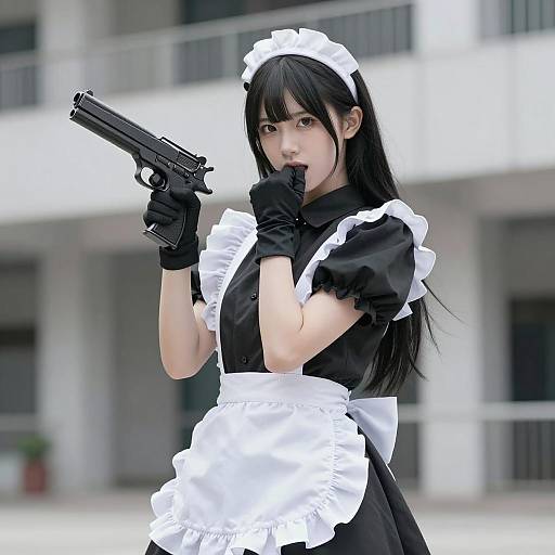 Intense Maid with Black Gun Outdoors