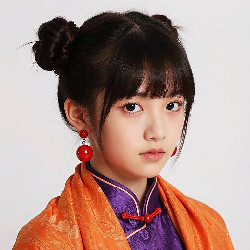 Photograph of an Asian woman with black hair in buns, wearing an orange silk robe over a purple cheongsam, adorned with red earrings,