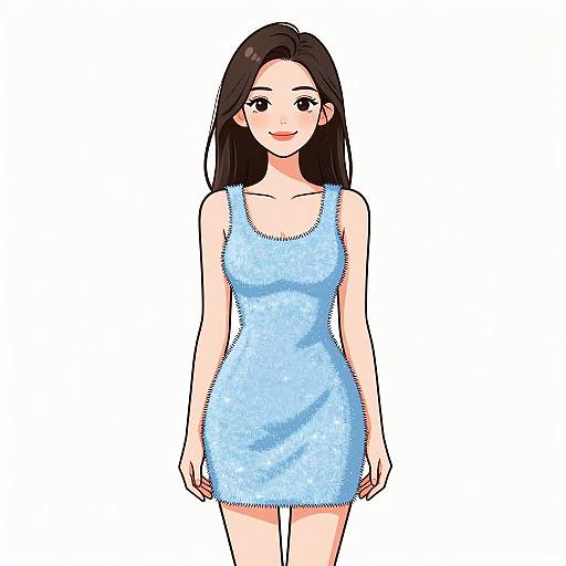 Digital anime-style drawing of a smiling woman with long black hair, wearing a light blue, fluffy, sleeveless mini dress, standing against a plain white