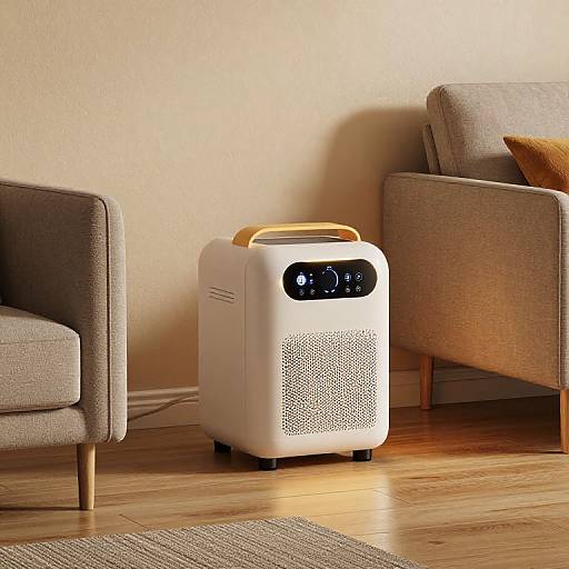 Photograph of a modern white portable heater with a wooden handle, standing on wooden flooring between two beige armchairs in a sunlit room.