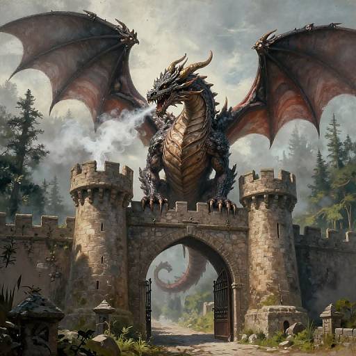 Digital fantasy artwork of a large, dark red dragon with black scales standing on a medieval stone archway in a misty forest. Smoke billows from